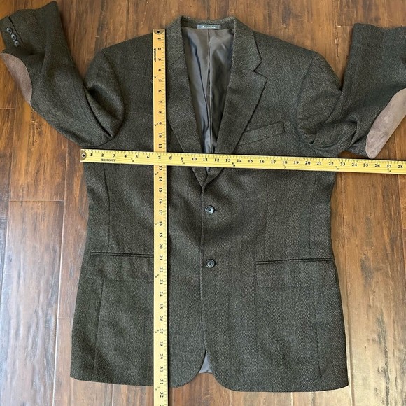 OSCAR DE LA RENTA Mens Brown Chevron Lambswool Sport Coat Elbow Patch - Picture 12 of 12
